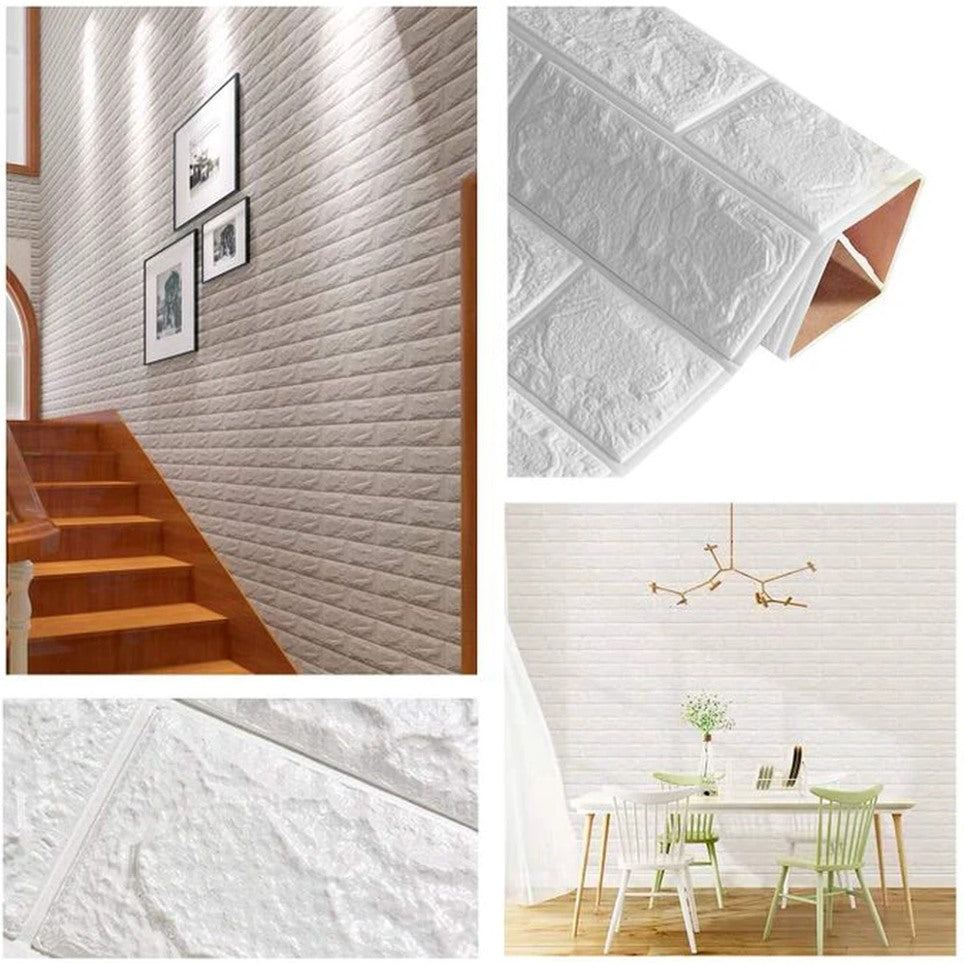 Pack de 10 Panneaux Muraux 3D Effet Brique Blanc Anti-Humidité 77cm x 70cm