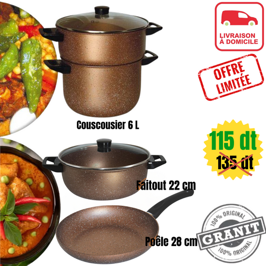 Batterie De 6 Pièces By COOK'ART Granite ✅ en Promo❗ 🎁😍 3 Couleurs : Noir/Bronze/Rouge