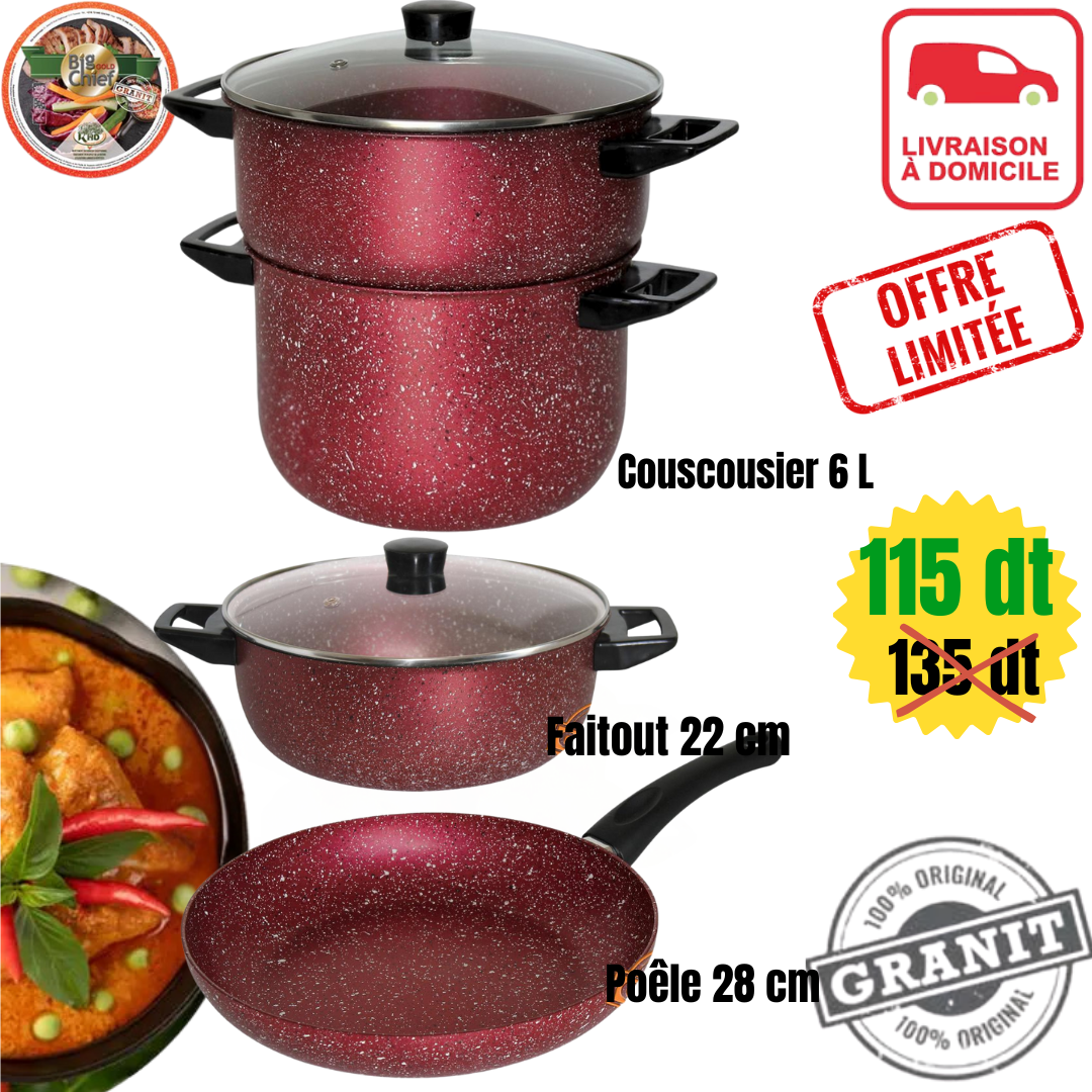 Batterie De 6 Pièces By COOK'ART Granite ✅ en Promo❗ 🎁😍 3 Couleurs : Noir/Bronze/Rouge