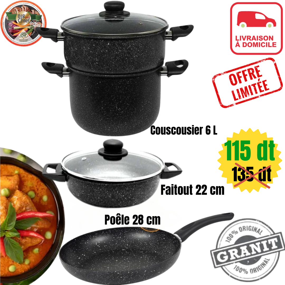 Batterie De 6 Pièces By COOK'ART Granite ✅ en Promo❗ 🎁😍 3 Couleurs : Noir/Bronze/Rouge