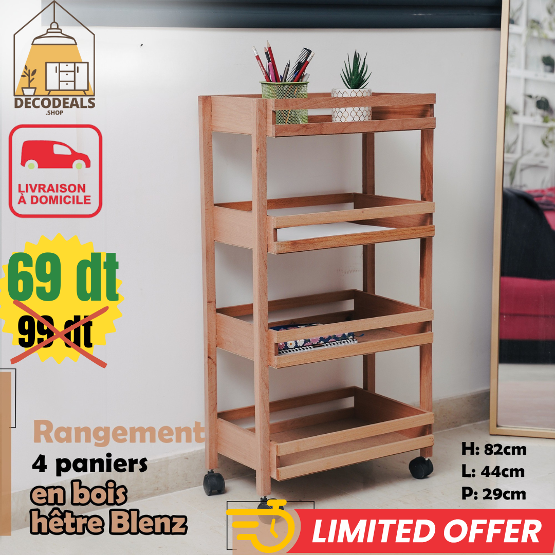 Meuble de Rangement en Bois Naturel Mobile - 4 Étagères Pratiques (Modèle 1)