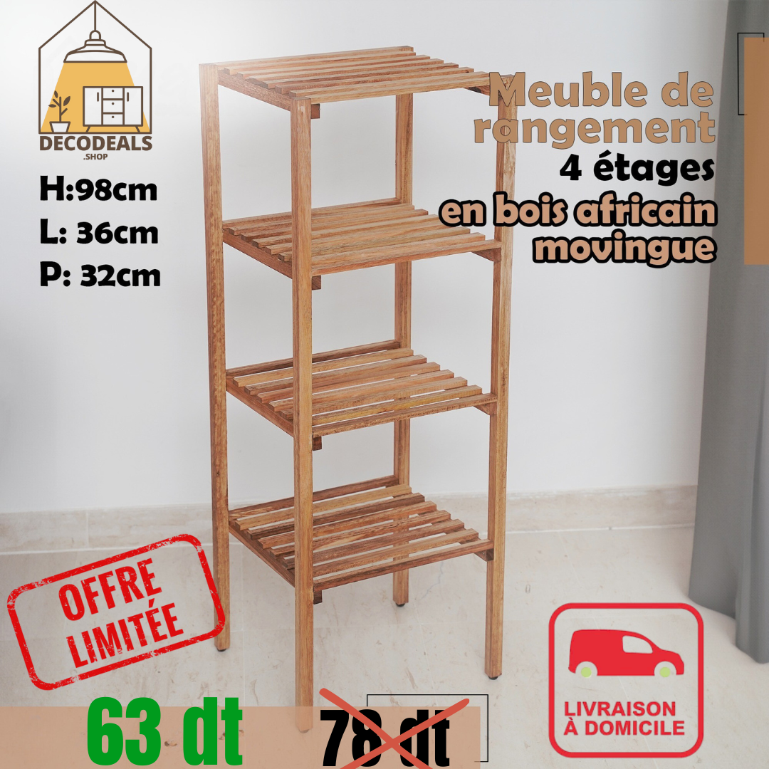 Meuble de Rangement en Bois Naturel - 4 Étagères Pratiques (Modèle 3)