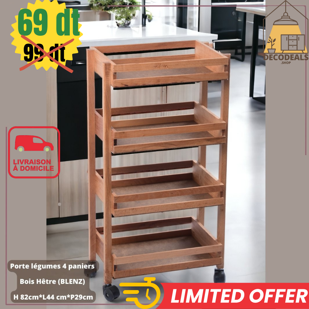 Meuble de Rangement en Bois Naturel Mobile - 4 Étagères Pratiques (Modèle 1)