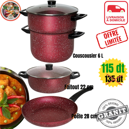 Batterie De 6 Pièces By COOK'ART Granite ✅ en Promo❗ 🎁😍 3 Couleurs : Noir/Bronze/Rouge