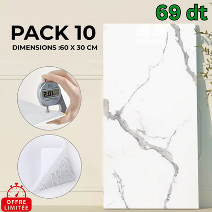 Pack de 10 Panneaux PVC Autocollant Alternative Au Marbre 60x30 cm - Blanc Modèle 1