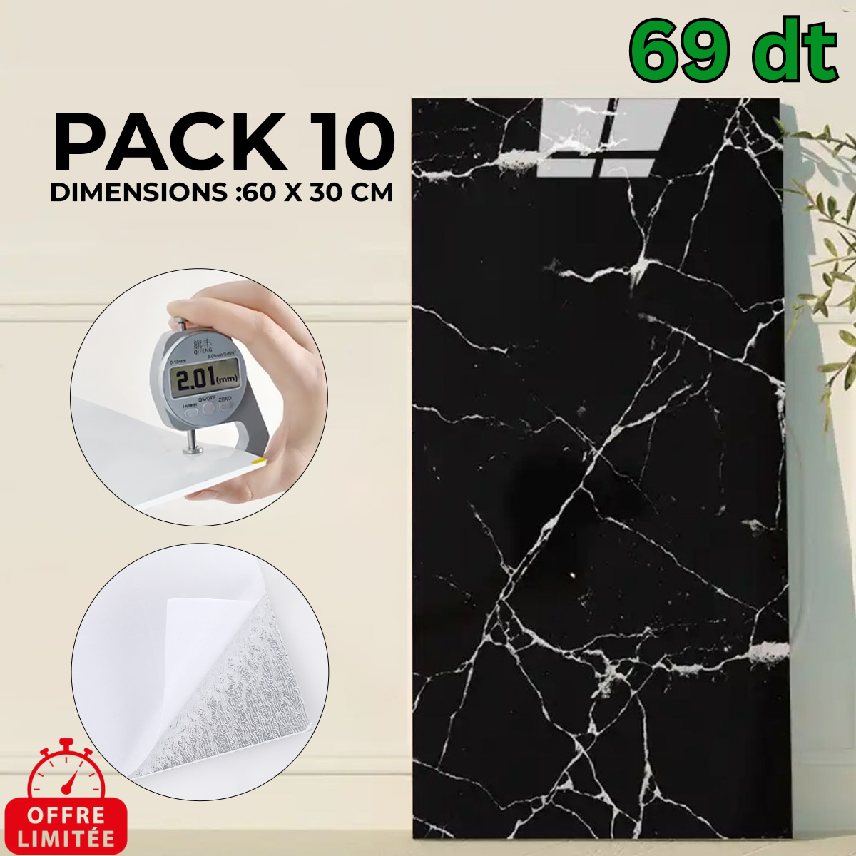 Pack de 10 Panneaux PVC Autocollant Alternative Au Marbre 60x30 cm