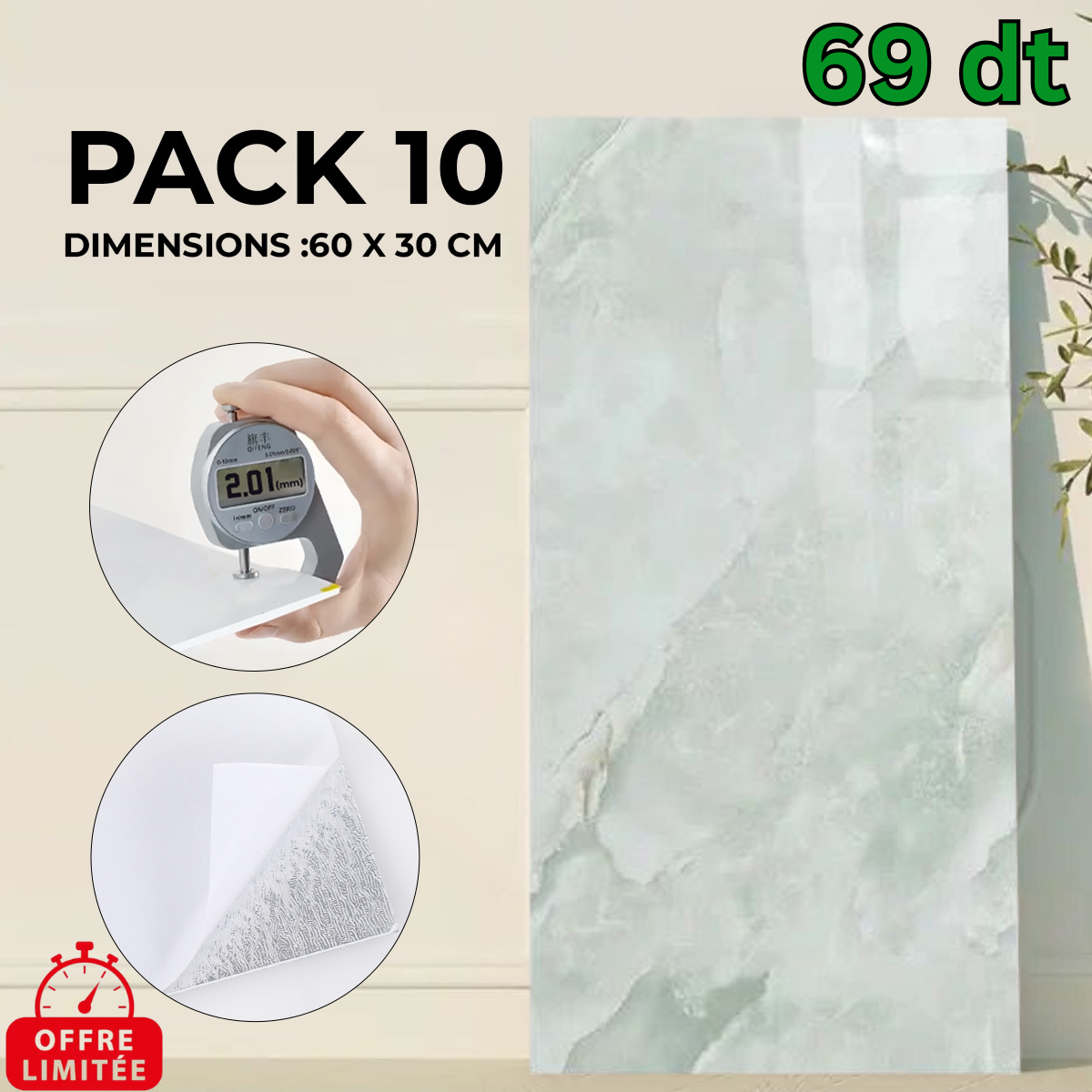 Pack de 10 Panneaux PVC Autocollant Alternative Au Marbre 60x30 cm - Vert d'eau