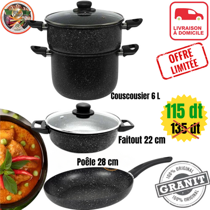 Batterie De 6 Pièces By COOK'ART Granite ✅ en Promo❗ 🎁😍 3 Couleurs : Noir/Bronze/Rouge