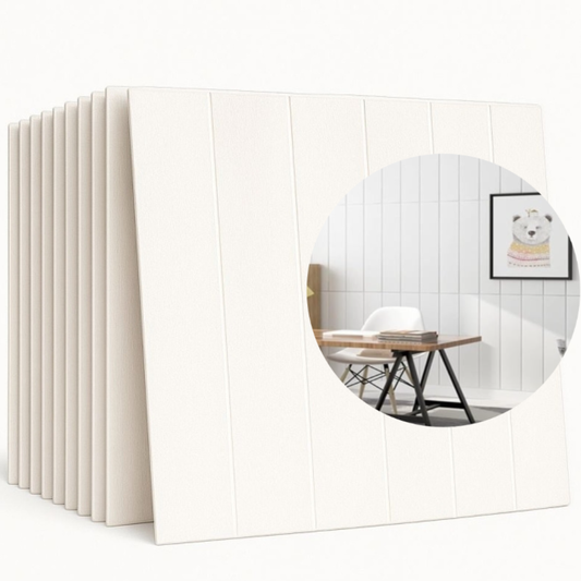 Pack de 10 Panneaux Muraux 3D Adhésifs Anti-Humidité – 77×70 cm – Blanc Motif Rainuré