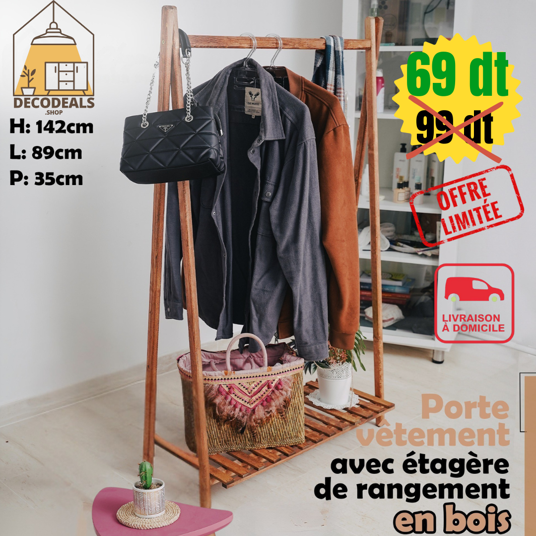 Porte-vêtements avec étagère de rangement en bois