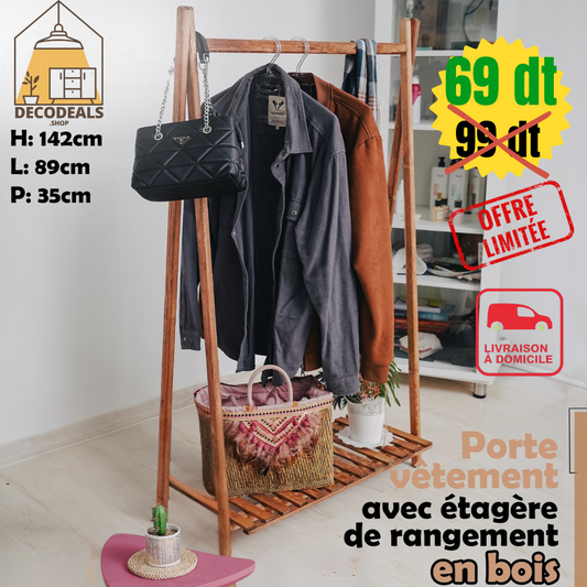 Porte-vêtements avec étagère de rangement en bois